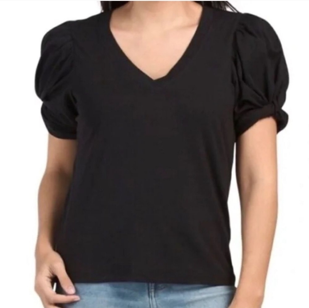 7 For All Mankind Black Short Puff Sleeve V-neck Shirt Size Large